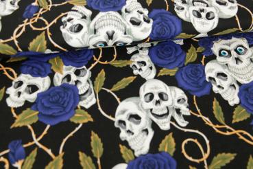 Baumwolldruck Totenköpfe mit blaue Blüten